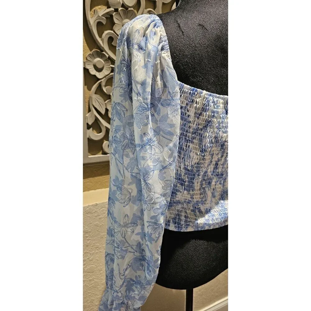 Unbranded Cottagecore Romantic Blue & White Floral S Puff Sleave Top - Picture 5 of 6